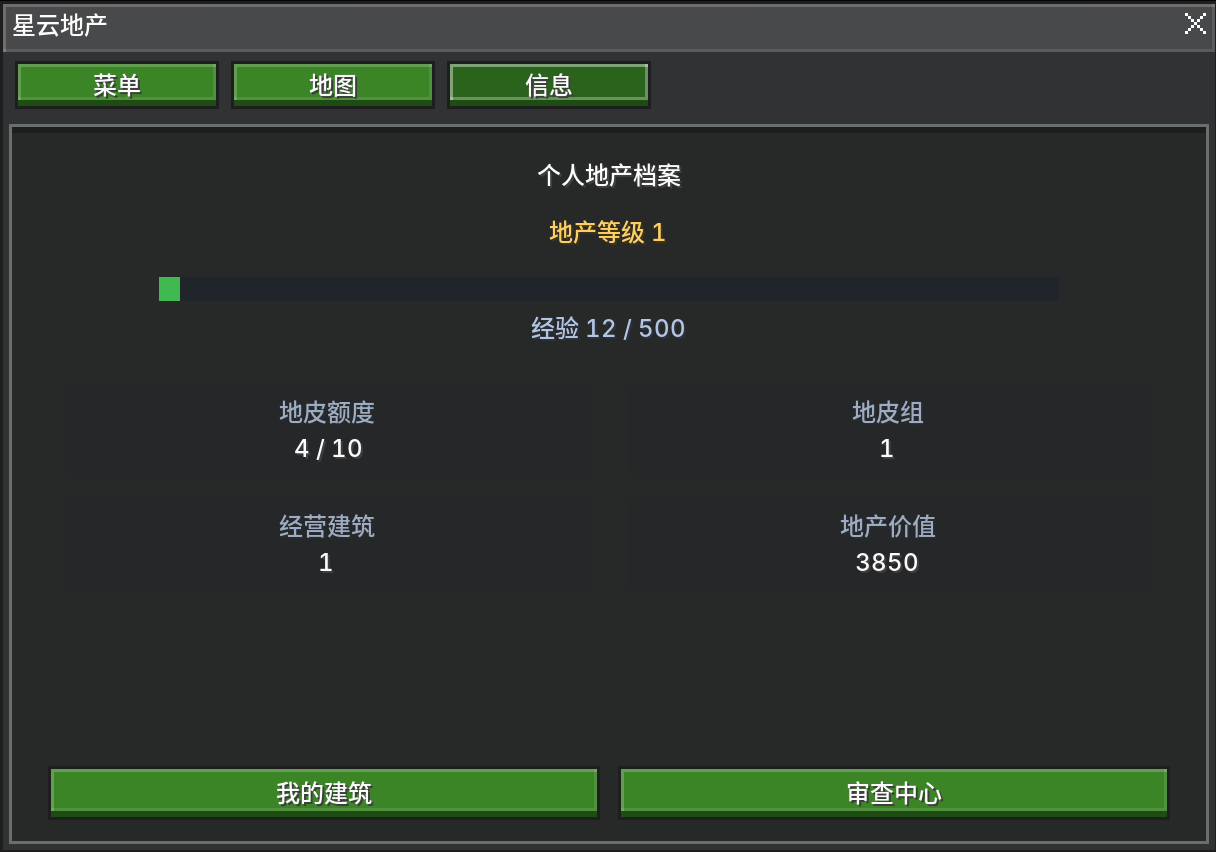 个人地产档案界面，显示地产等级、额度、地皮组与地产价值